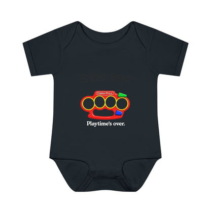 Infant Bodysuit with Colorful Toy Rattle Graphic — "Playtime Over" Baby Onesie